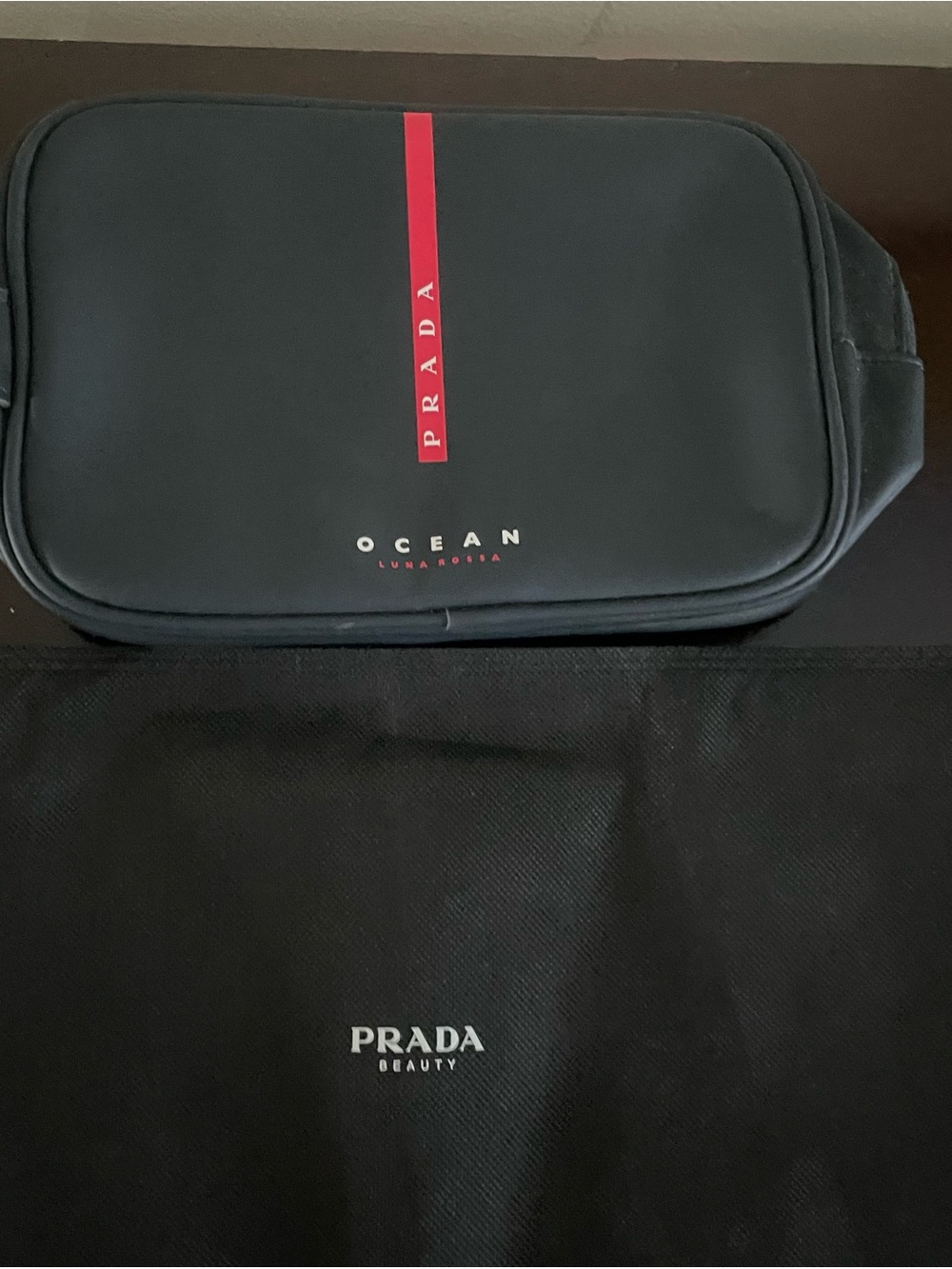 Prada Men’s Black Toiletry Bag with Red Stripe